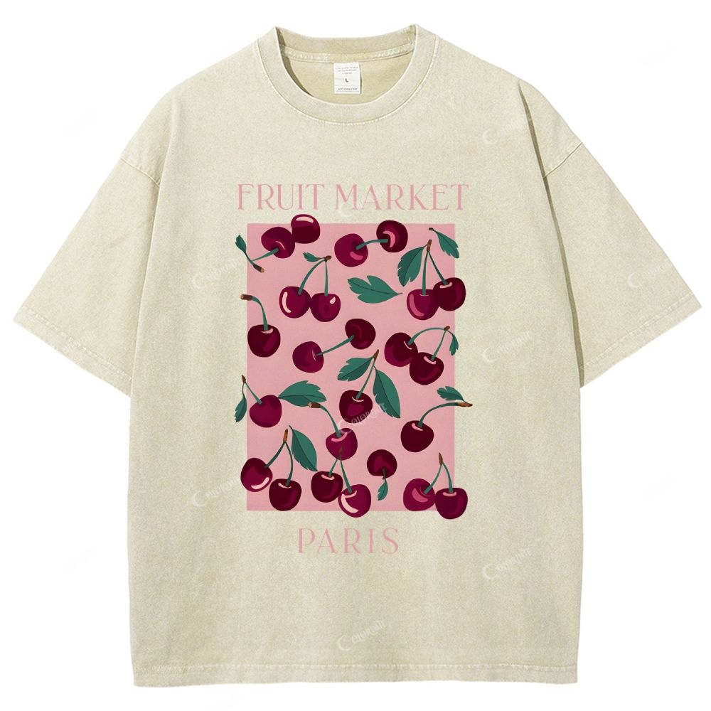 Colordate Unisex Cherry Printed Washed Tee