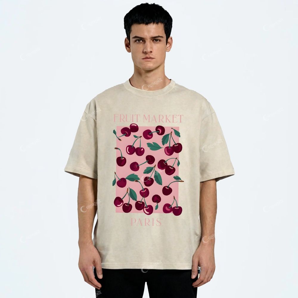 Colordate Unisex Cherry Printed Washed Tee