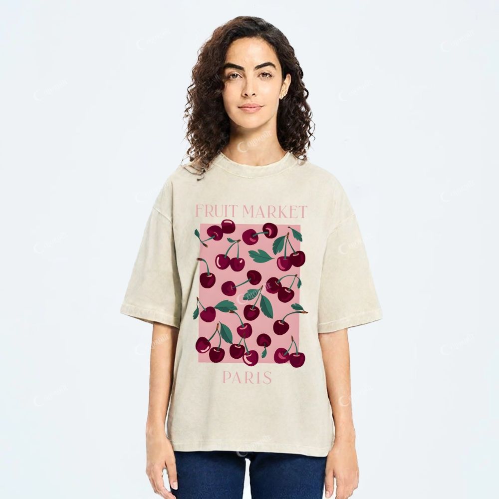 Colordate Unisex Cherry Printed Washed Tee