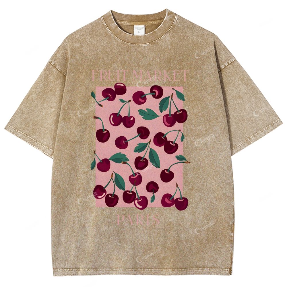 Colordate Unisex Cherry Printed Washed Tee