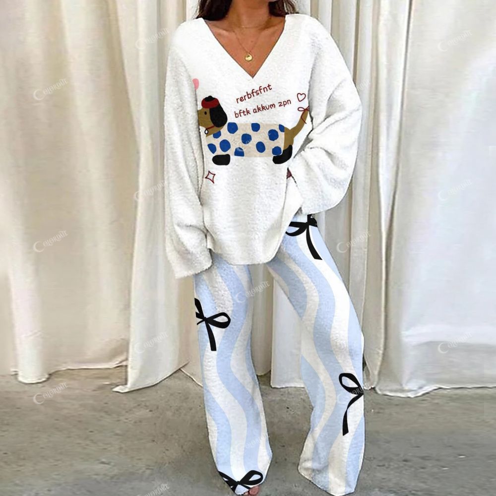 Dachshund Pattern and Light Blue-White Striped Loungewear Set For Women