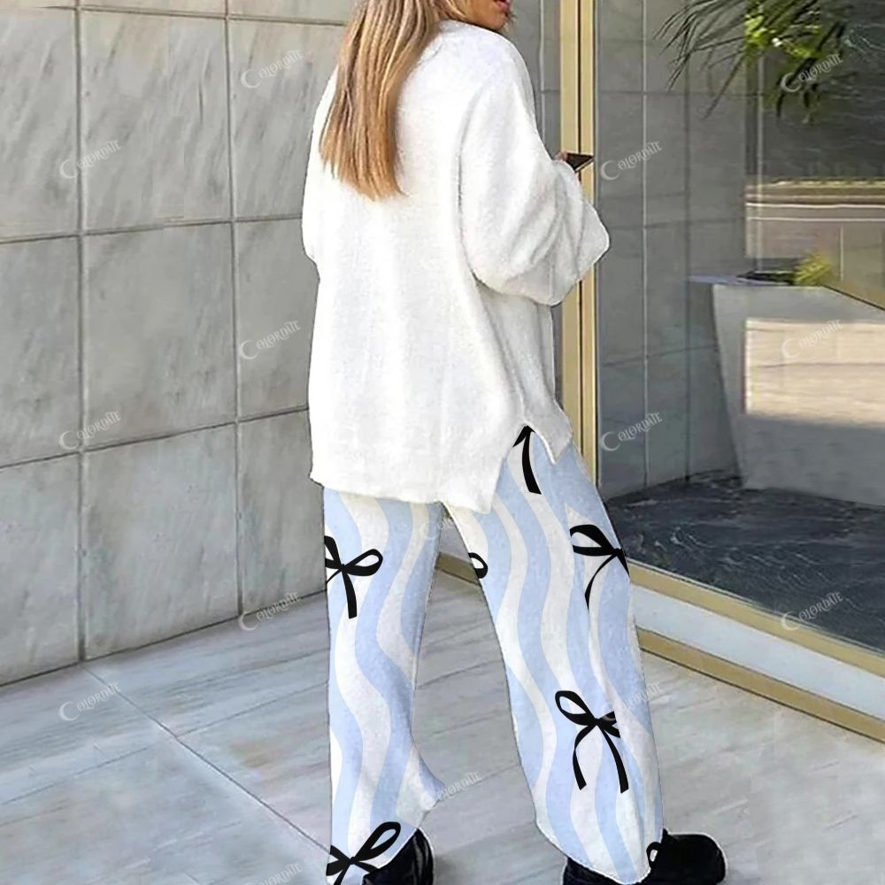 Dachshund Pattern and Light Blue-White Striped Loungewear Set For Women