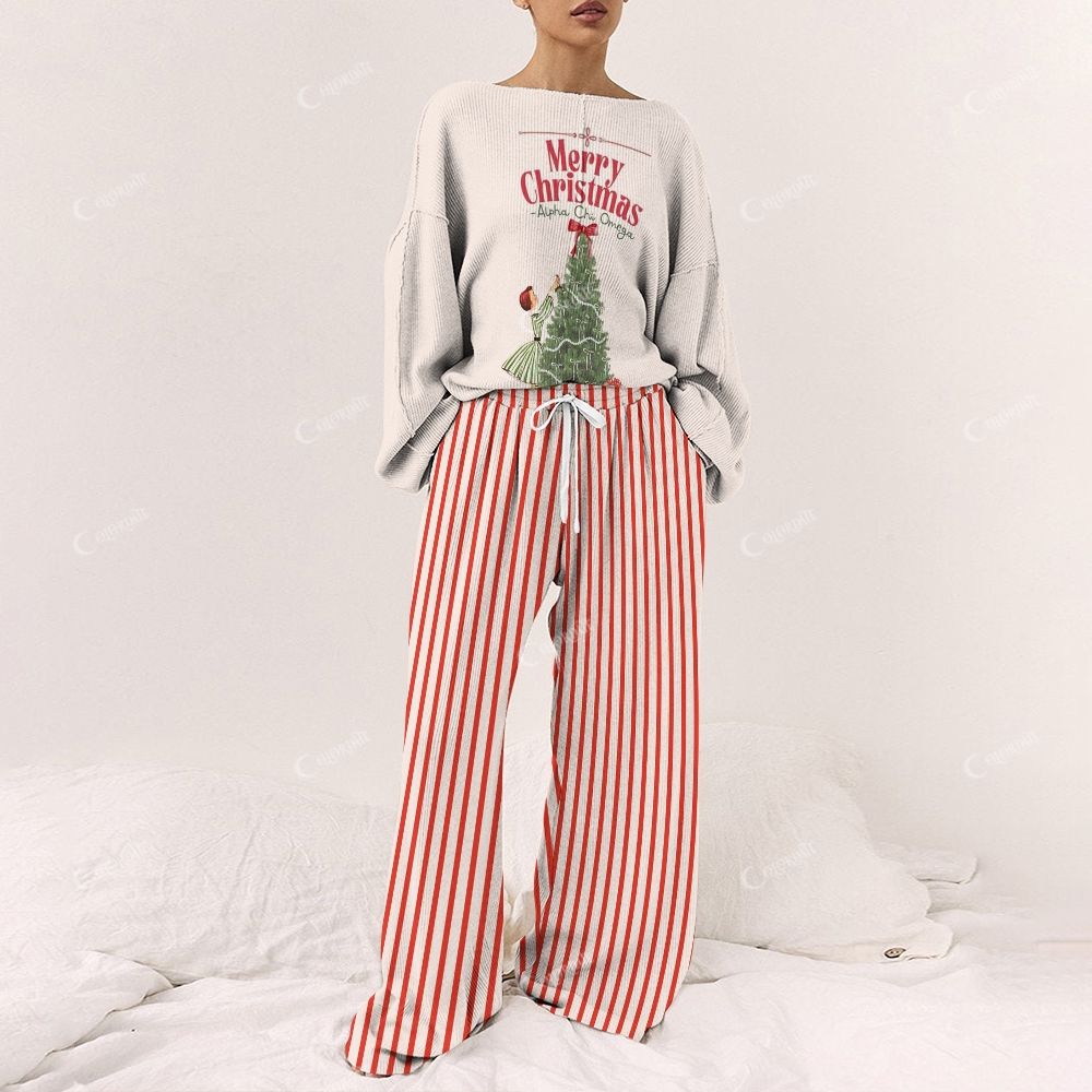 Colordate Women's Stripes And Christmas Trees Print Long Sleeve Pajama Set