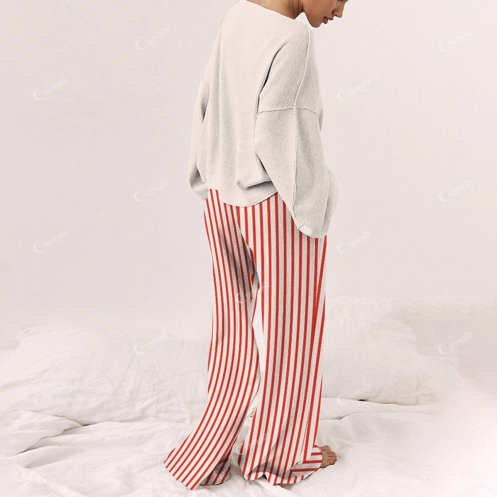 Colordate Women's Stripes And Christmas Trees Print Long Sleeve Pajama Set
