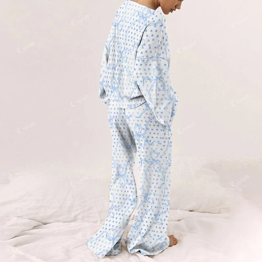 Custom Women's Romantic Bow Heart Blue  Print Long Sleeve Pajama Set