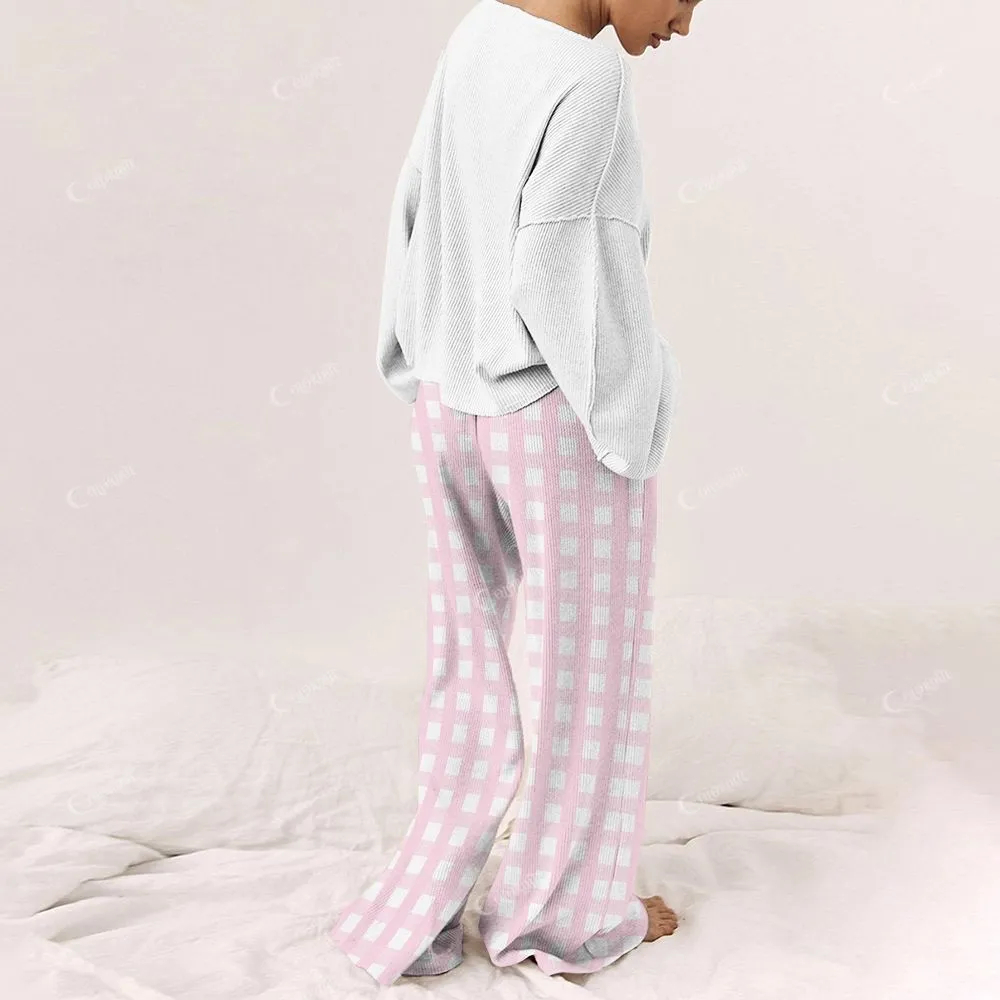 Custom Women's Pink Bear Plaid Print Long Sleeve Pajama Set