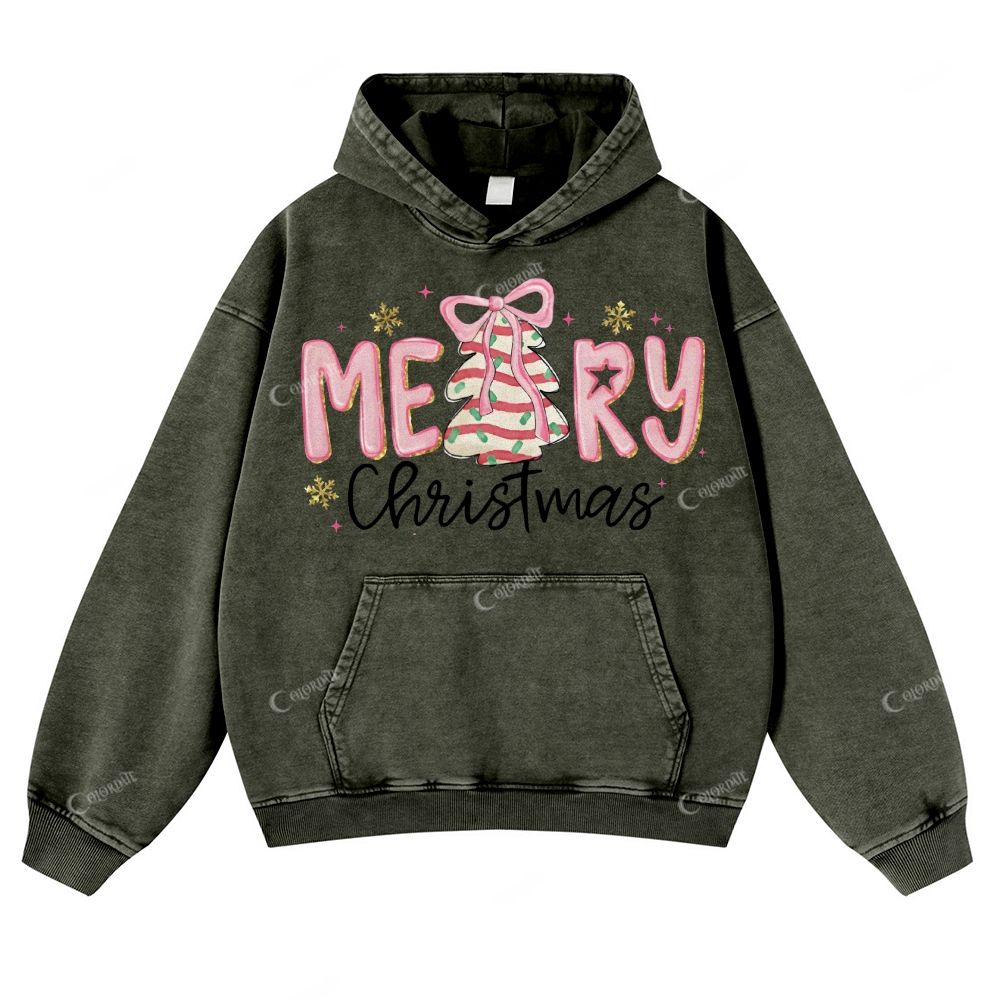 Casual Cute Christmas Tree Washed Hoodie