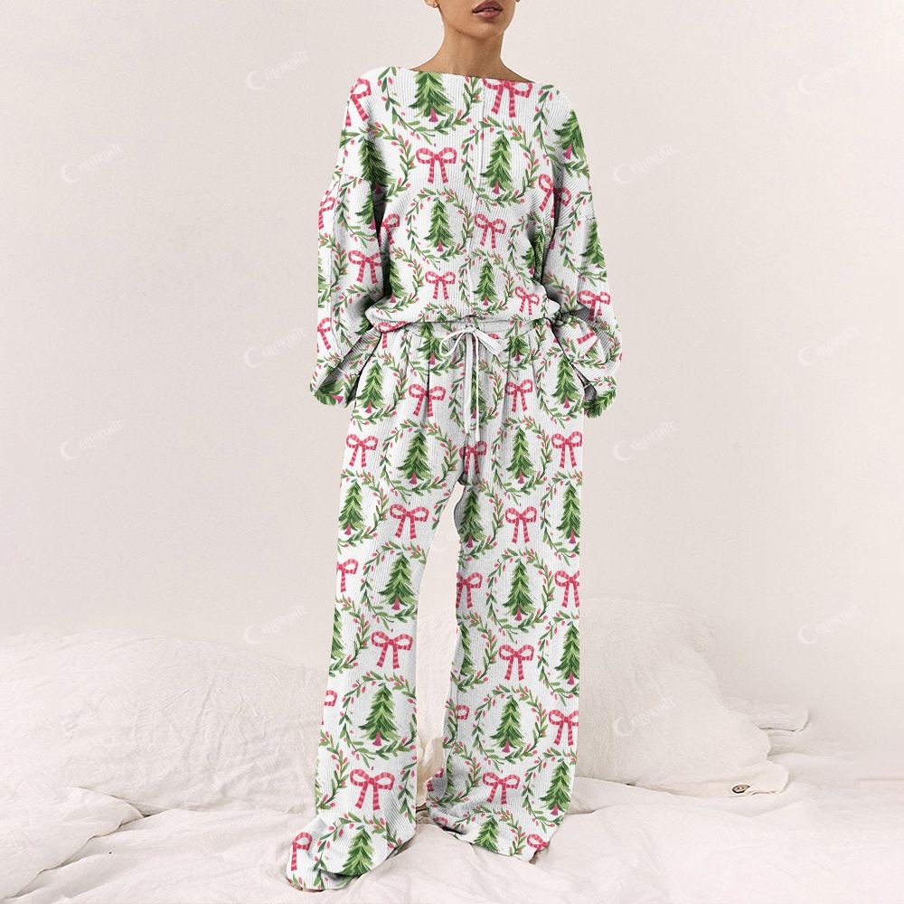 Women's Christmas Ornate Plants  Print Long Sleeve Pajama Set