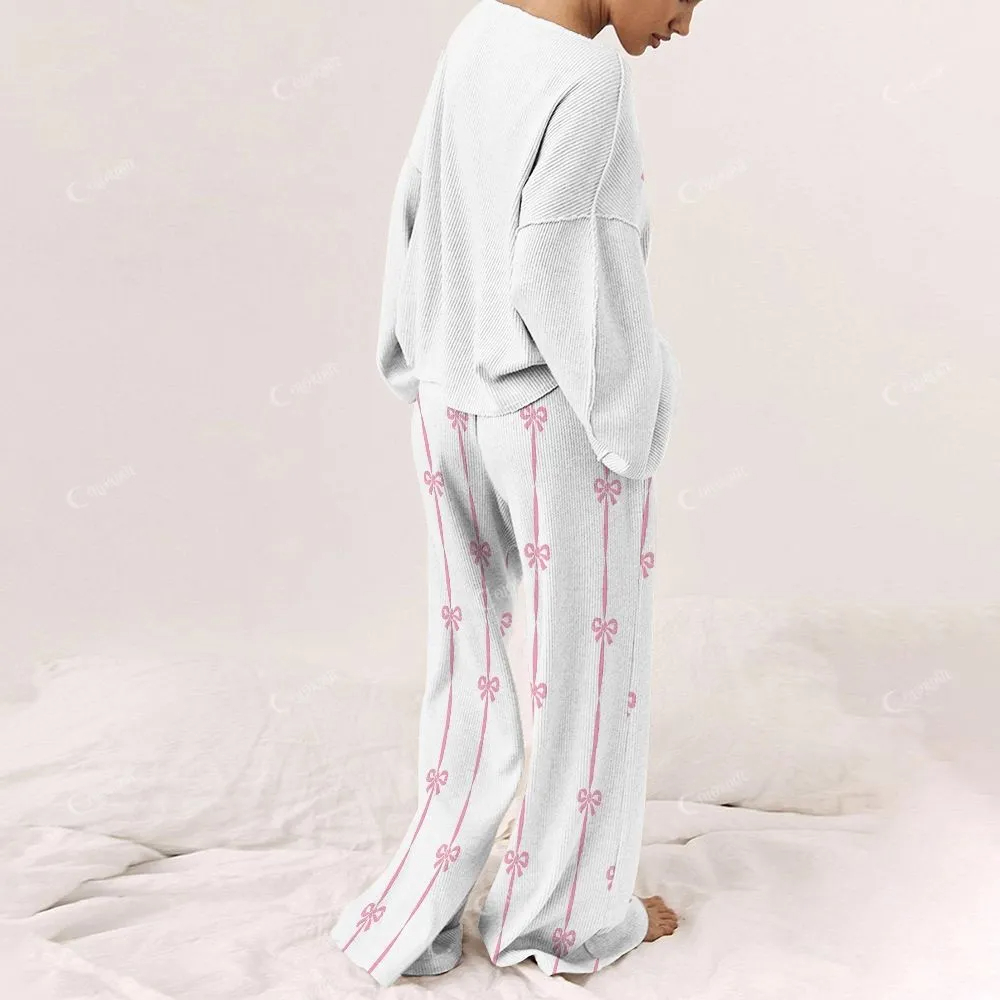 Custom Women's Christmas Simple Bow Print Long Sleeve Pajama Set