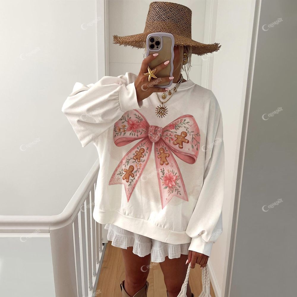Green and White Christmas Print Women's Casual Crew Neck Sweatshirt