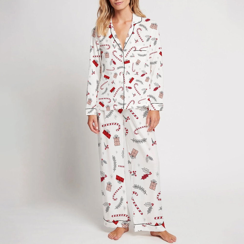 Women's Christmas Candy Cane Gift Box Pattern Long Sleeve Pants Suit