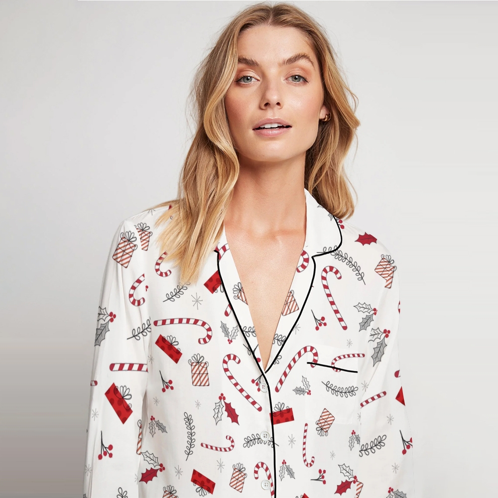 Women's Christmas Candy Cane Gift Box Pattern Long Sleeve Pants Suit