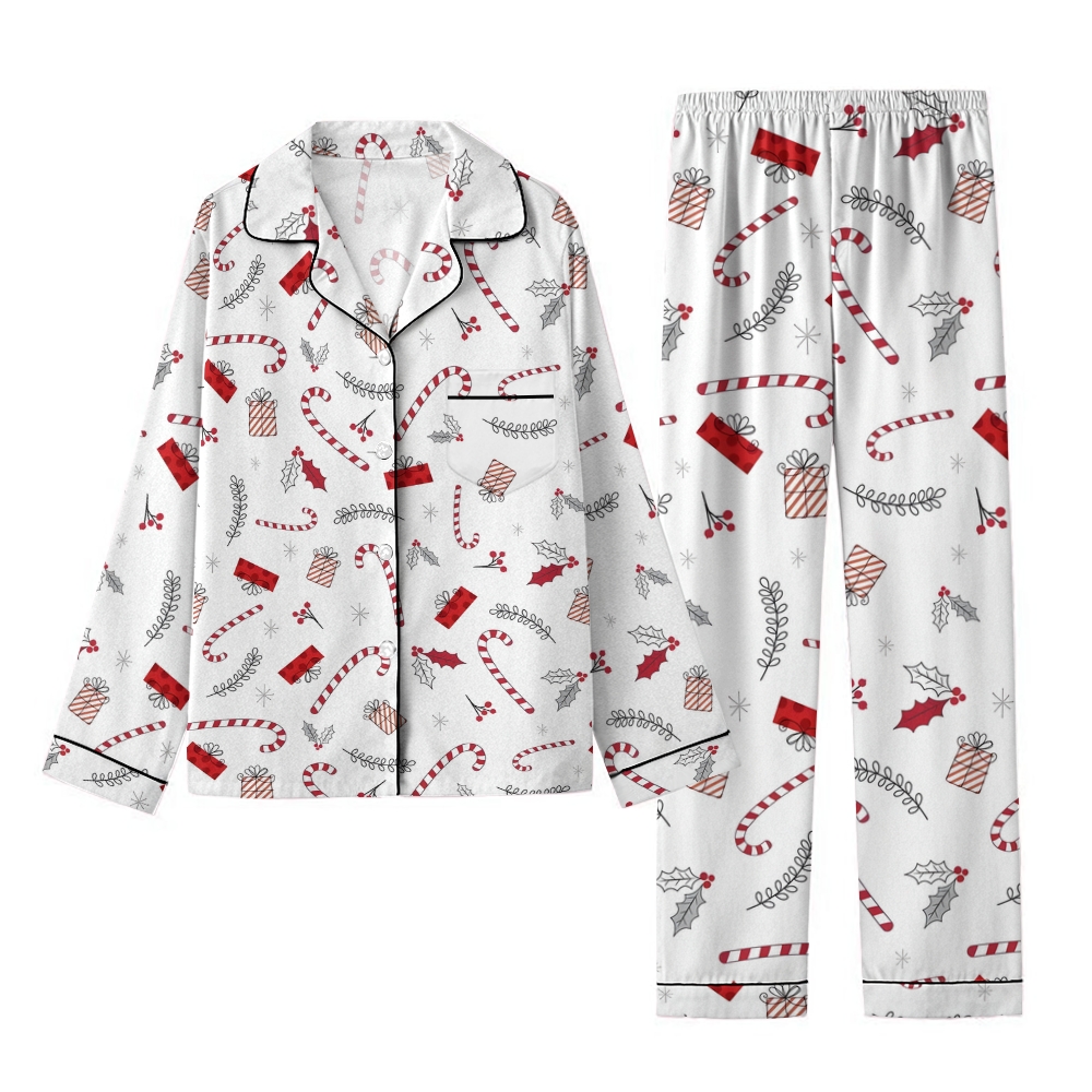 Women's Christmas Candy Cane Gift Box Pattern Long Sleeve Pants Suit