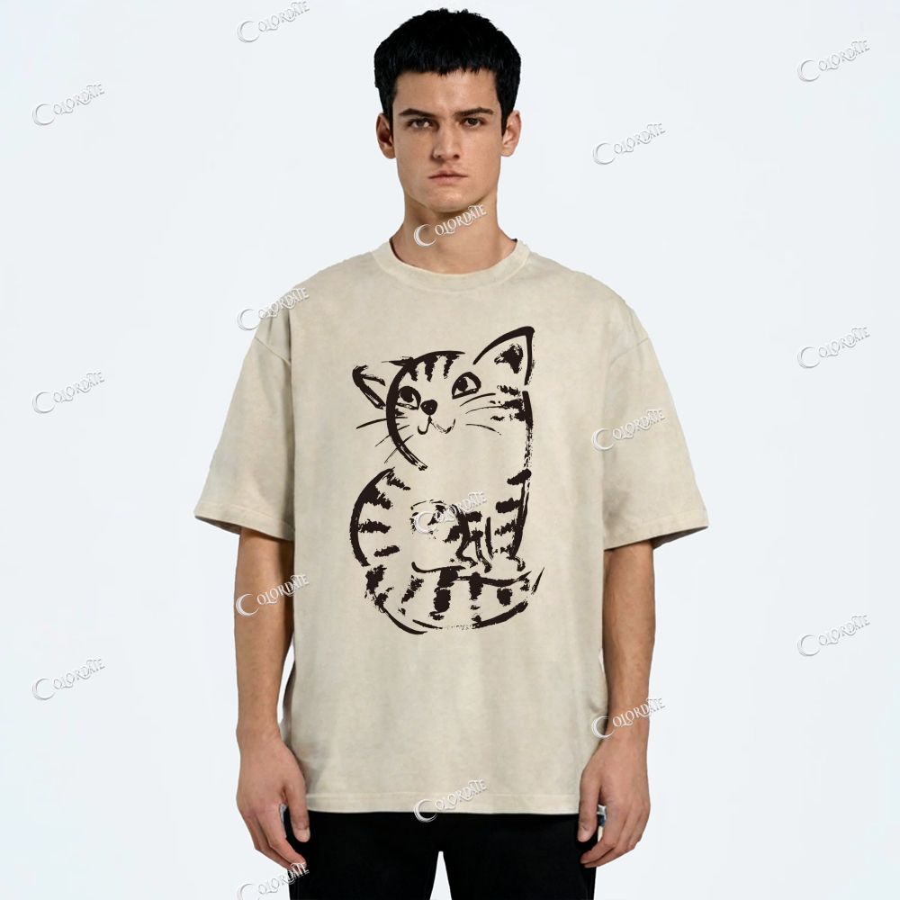 Unisex Cat Printed Washed Tee