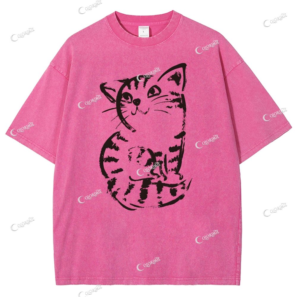 Unisex Cat Printed Washed Tee