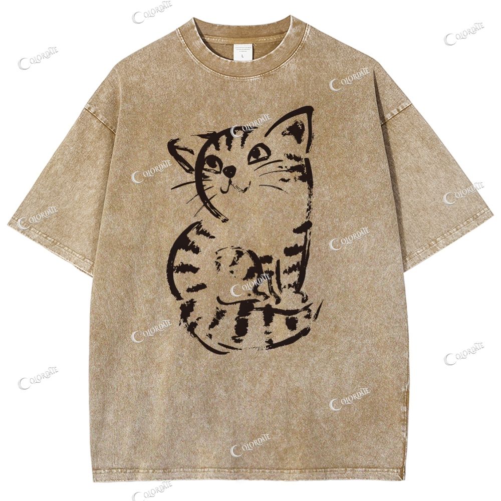 Unisex Cat Printed Washed Tee