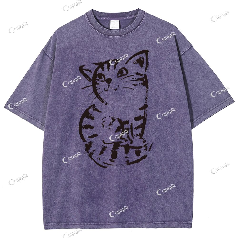 Unisex Cat Printed Washed Tee