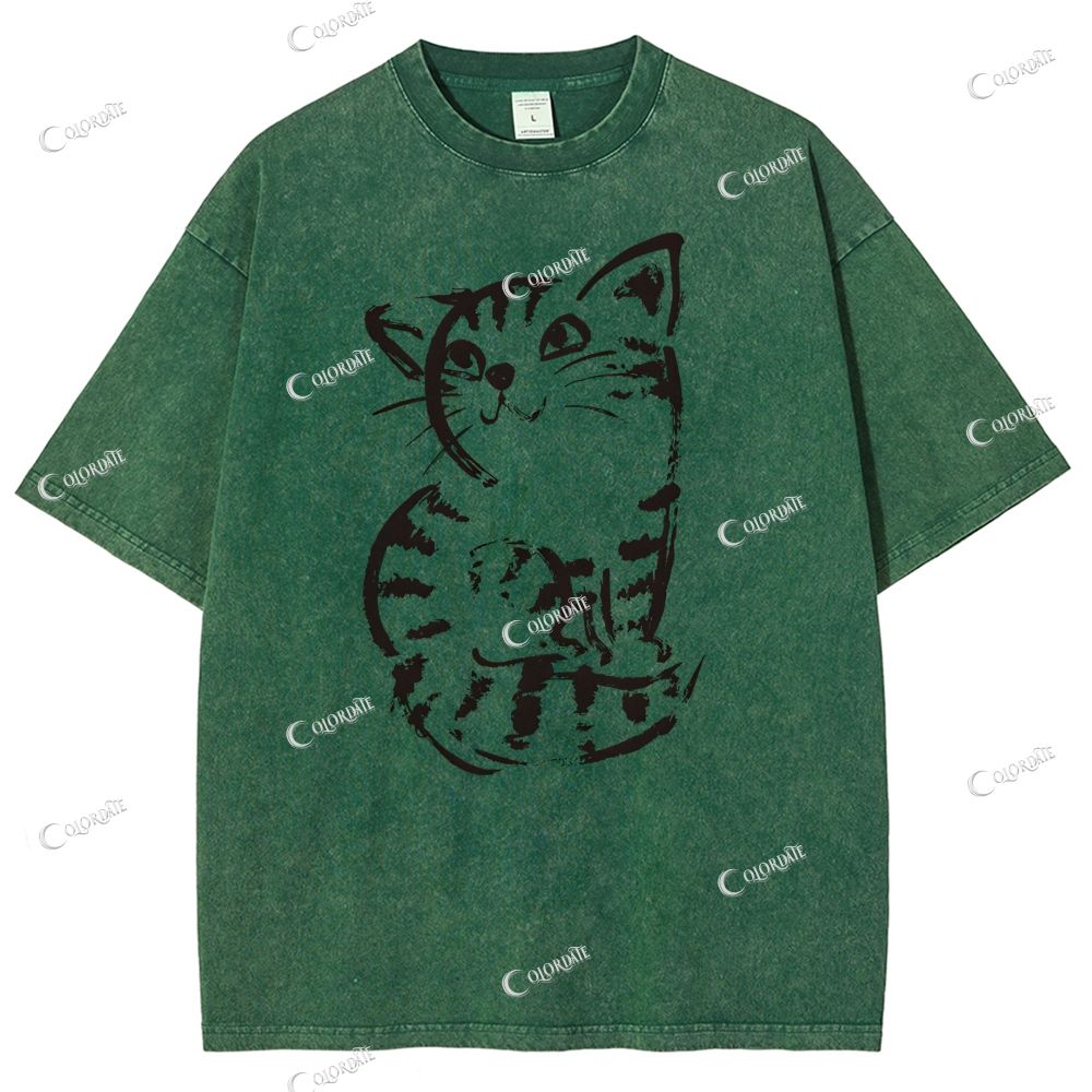 Unisex Cat Printed Washed Tee