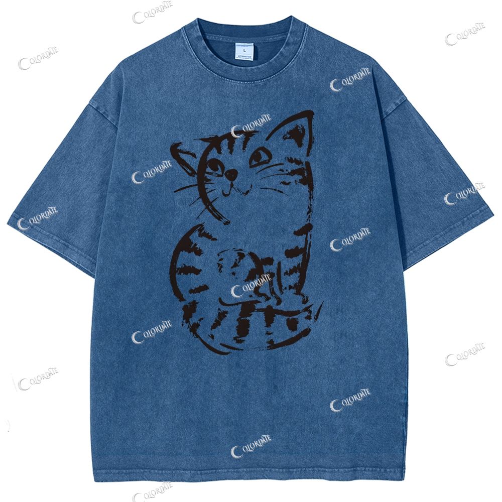 Unisex Cat Printed Washed Tee