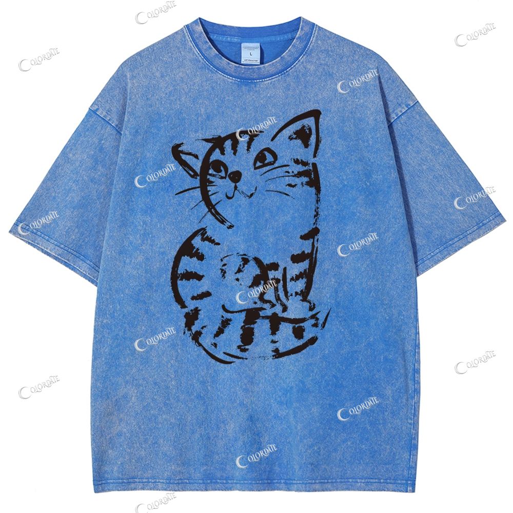 Unisex Cat Printed Washed Tee