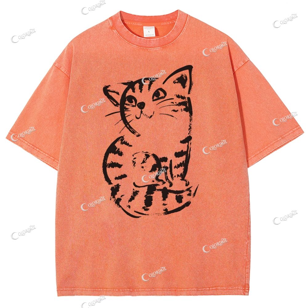Unisex Cat Printed Washed Tee