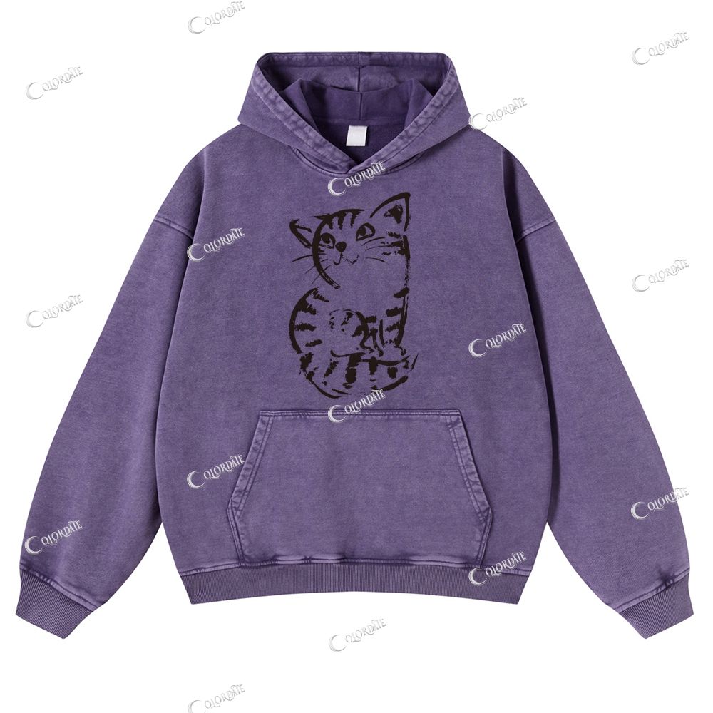 Cat Print Casual Washed Hoodie