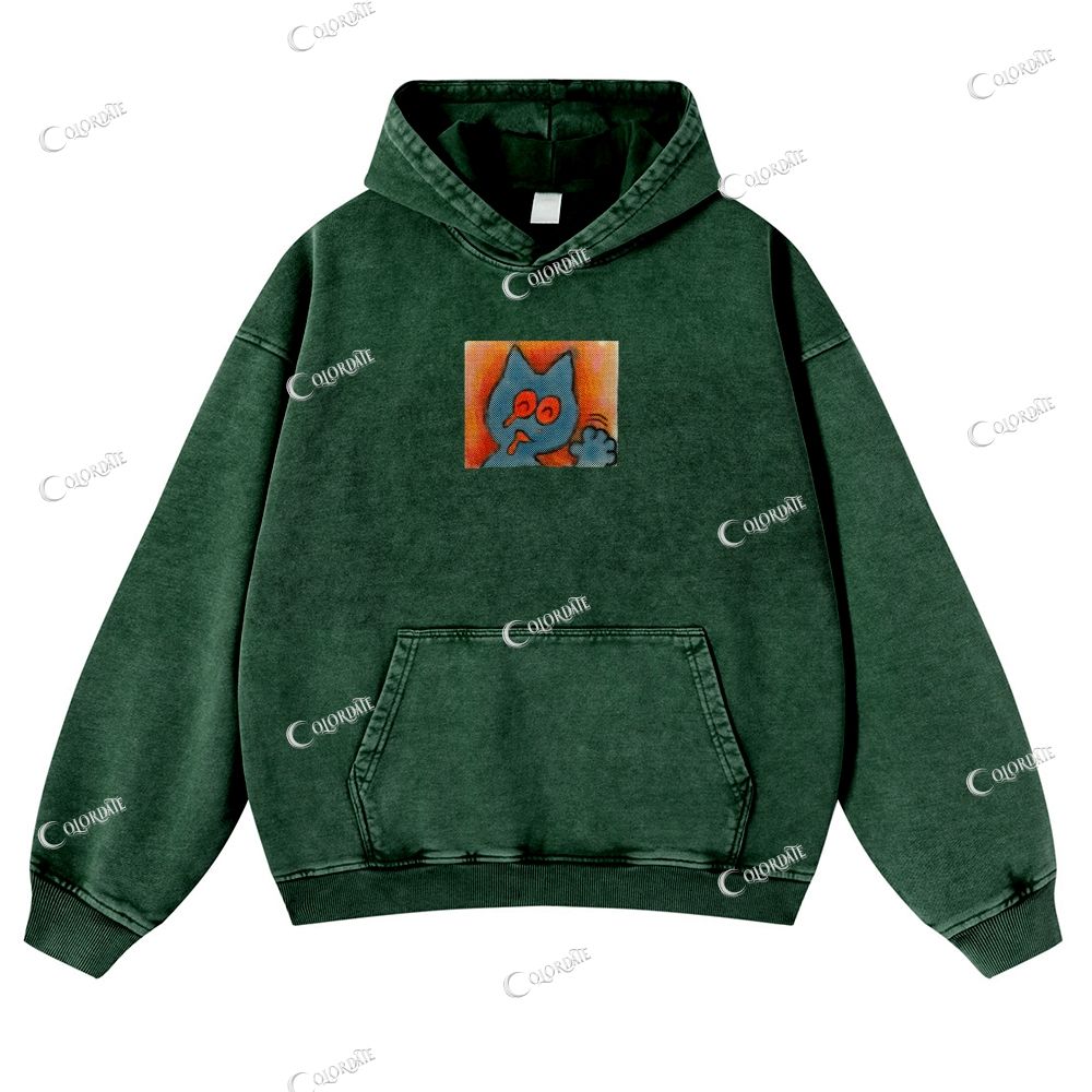 Cat Print Casual Washed Hoodie