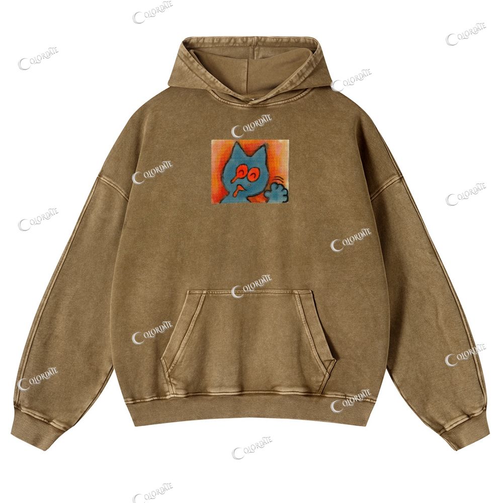 Cat Print Casual Washed Hoodie