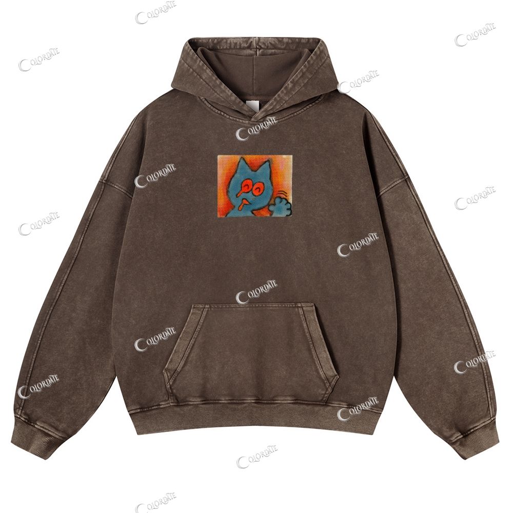 Cat Print Casual Washed Hoodie