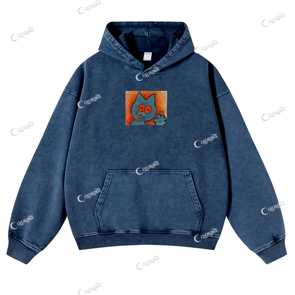 Cat Print Casual Washed Hoodie