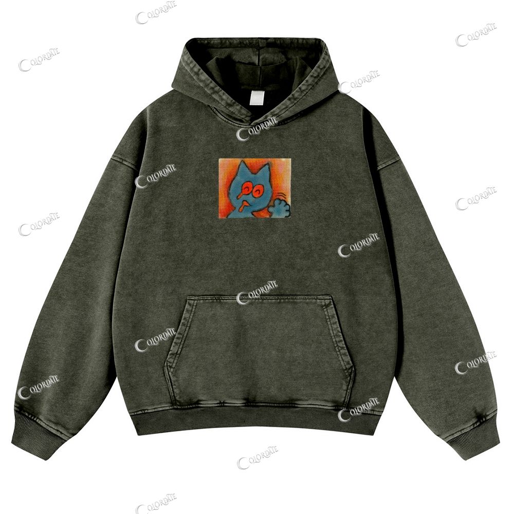 Cat Print Casual Washed Hoodie