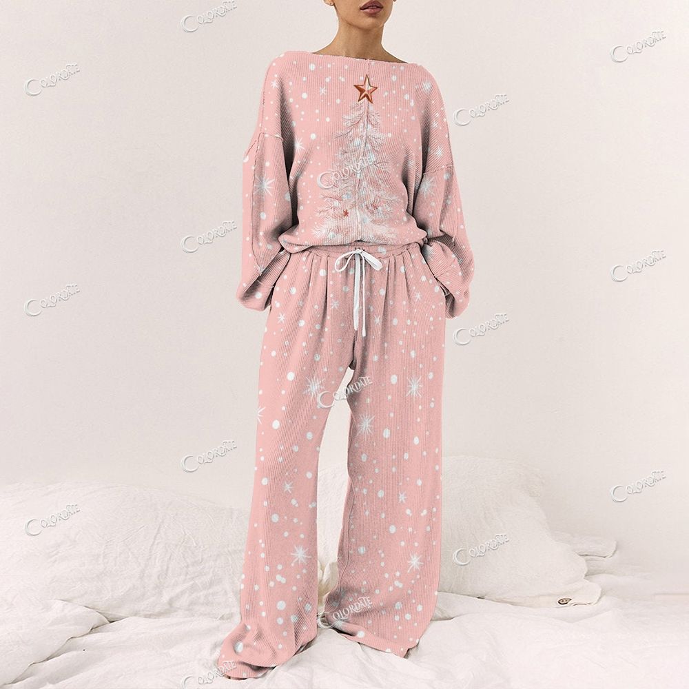Colordate Women's Christmas tree Print Long Sleeve Pajama Set