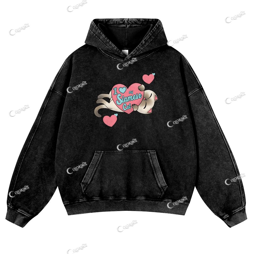 Cute Cat Print Casual Washed Hoodie