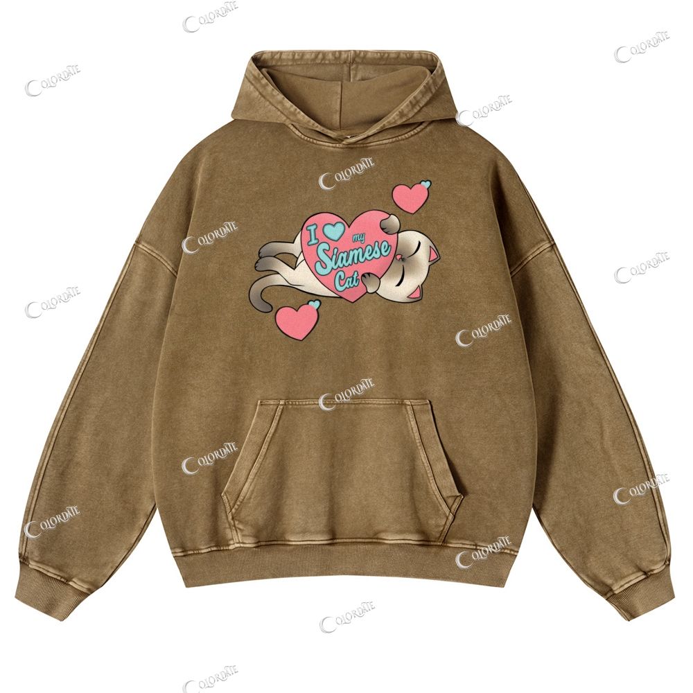 Cute Cat Print Casual Washed Hoodie