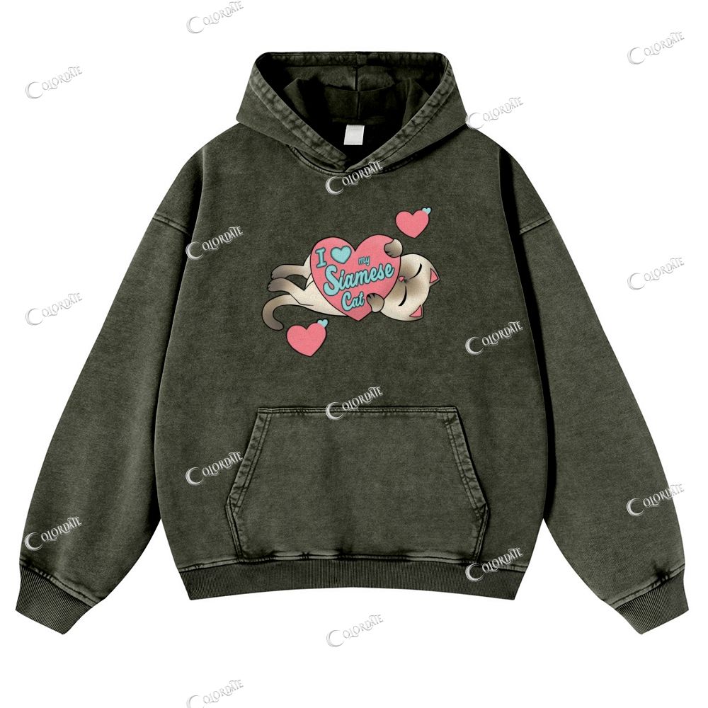 Cute Cat Print Casual Washed Hoodie