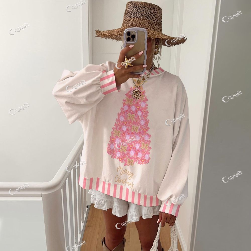 Colordate Women's Pink Christmas Tree Print Casual Crew Neck Sweatshirt