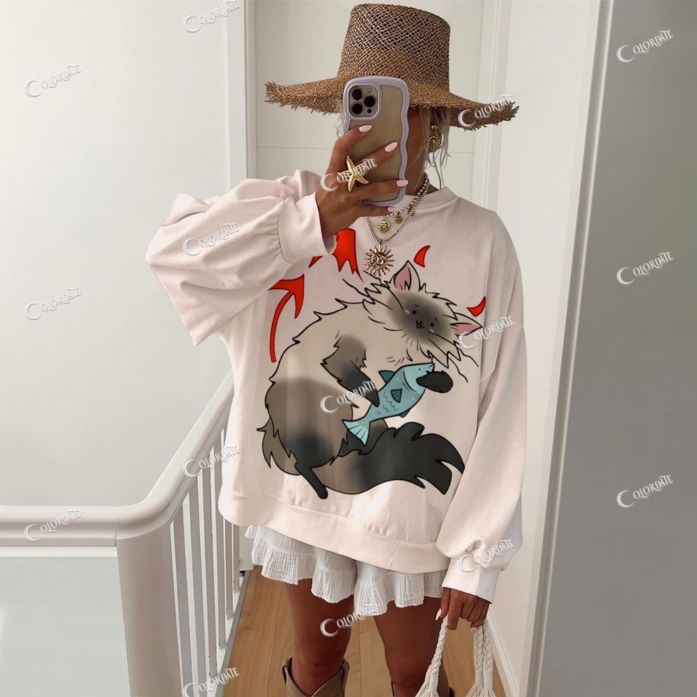 Colordate Women's Devil Cat Print Casual Crew Neck Sweatshirt