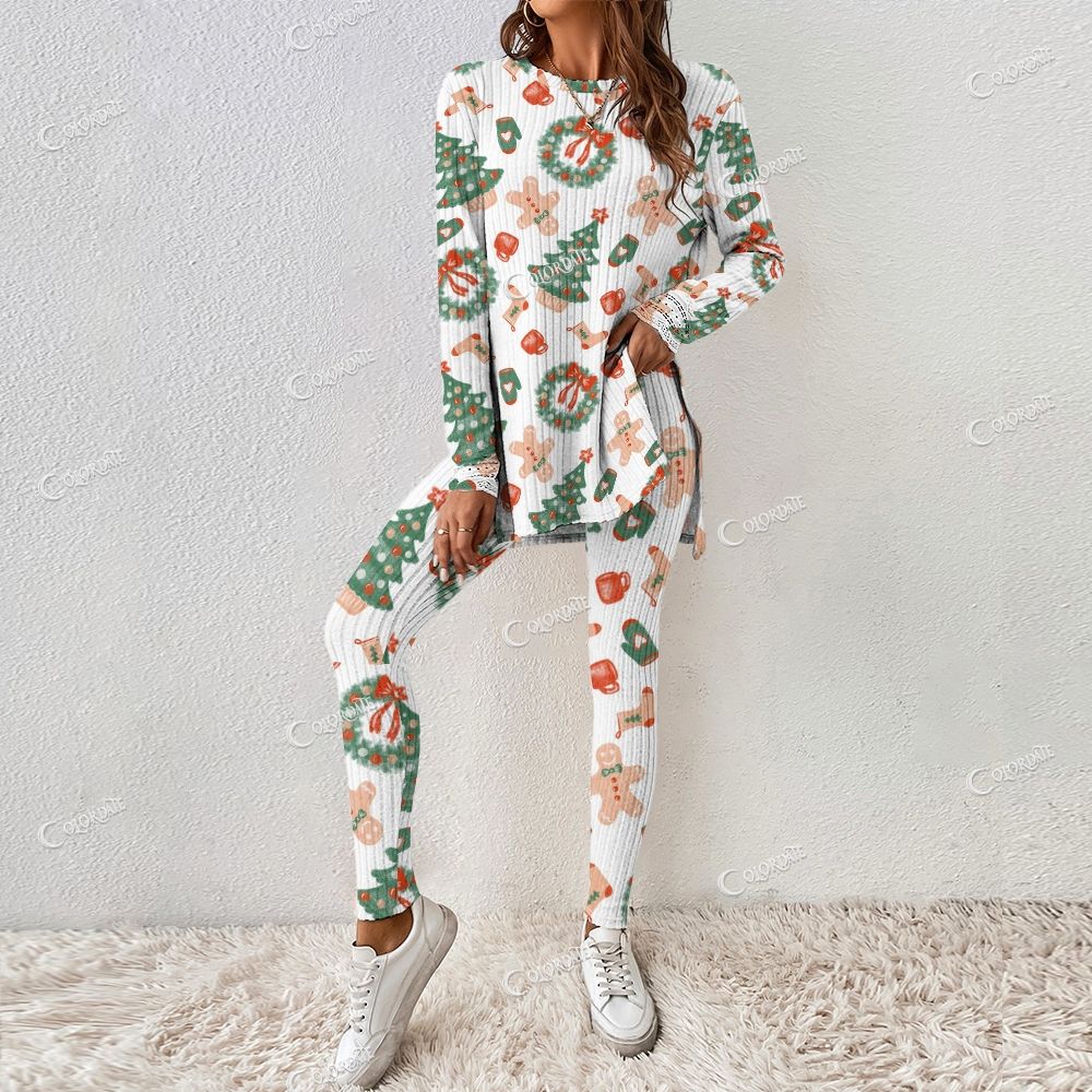 Colordate Women's Christmas Tree And Gingerbread Man Prints Long Sleeve Suit