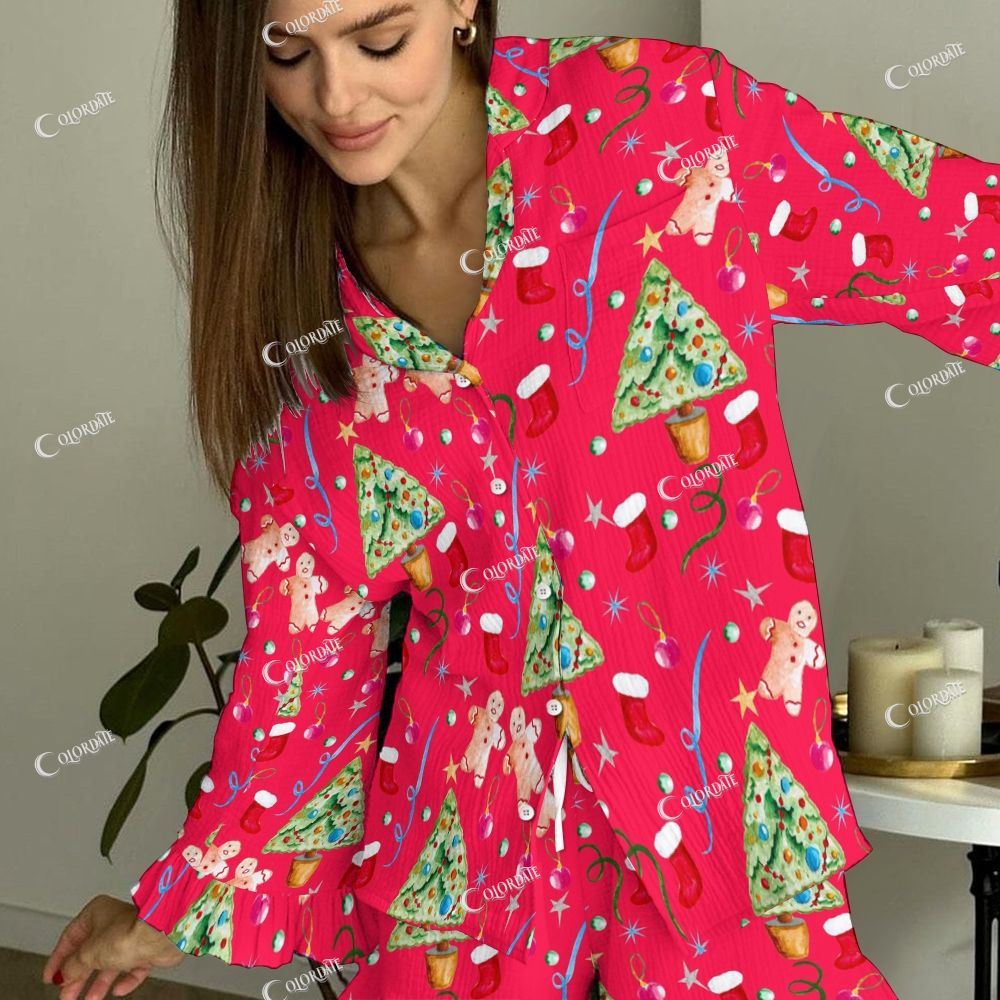 Colordate Women's Christmas Tree And Gingerbread Man Vintage Printed Suit