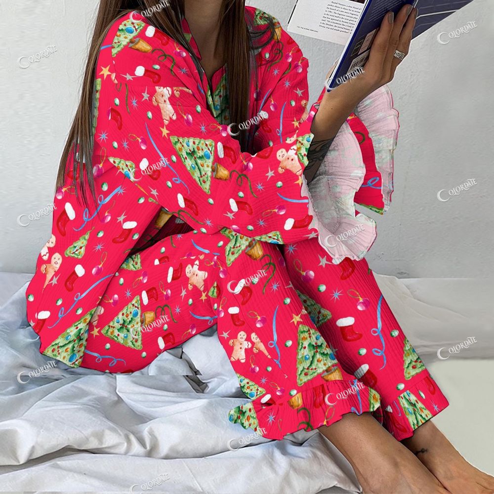 Colordate Women's Christmas Tree And Gingerbread Man Vintage Printed Suit