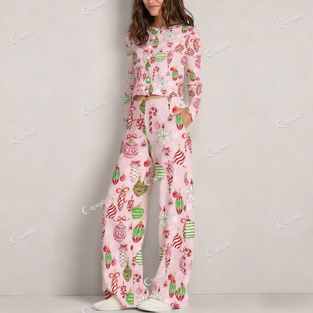 Colordate Women's Watercolor Christmas Ball Print Long Sleeve Suit