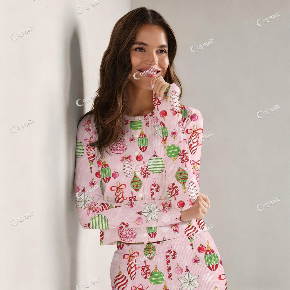 Colordate Women's Watercolor Christmas Ball Print Long Sleeve Suit