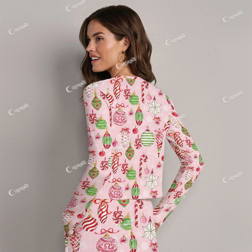 Colordate Women's Watercolor Christmas Ball Print Long Sleeve Suit