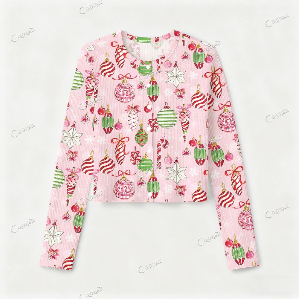 Colordate Women's Watercolor Christmas Ball Print Long Sleeve Suit
