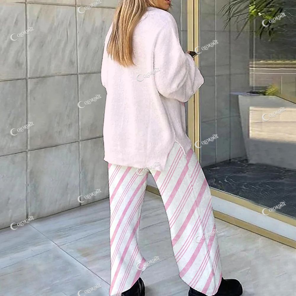 Custom  Diagonal Striped Bow Pink Print  Loungewear Set For Women