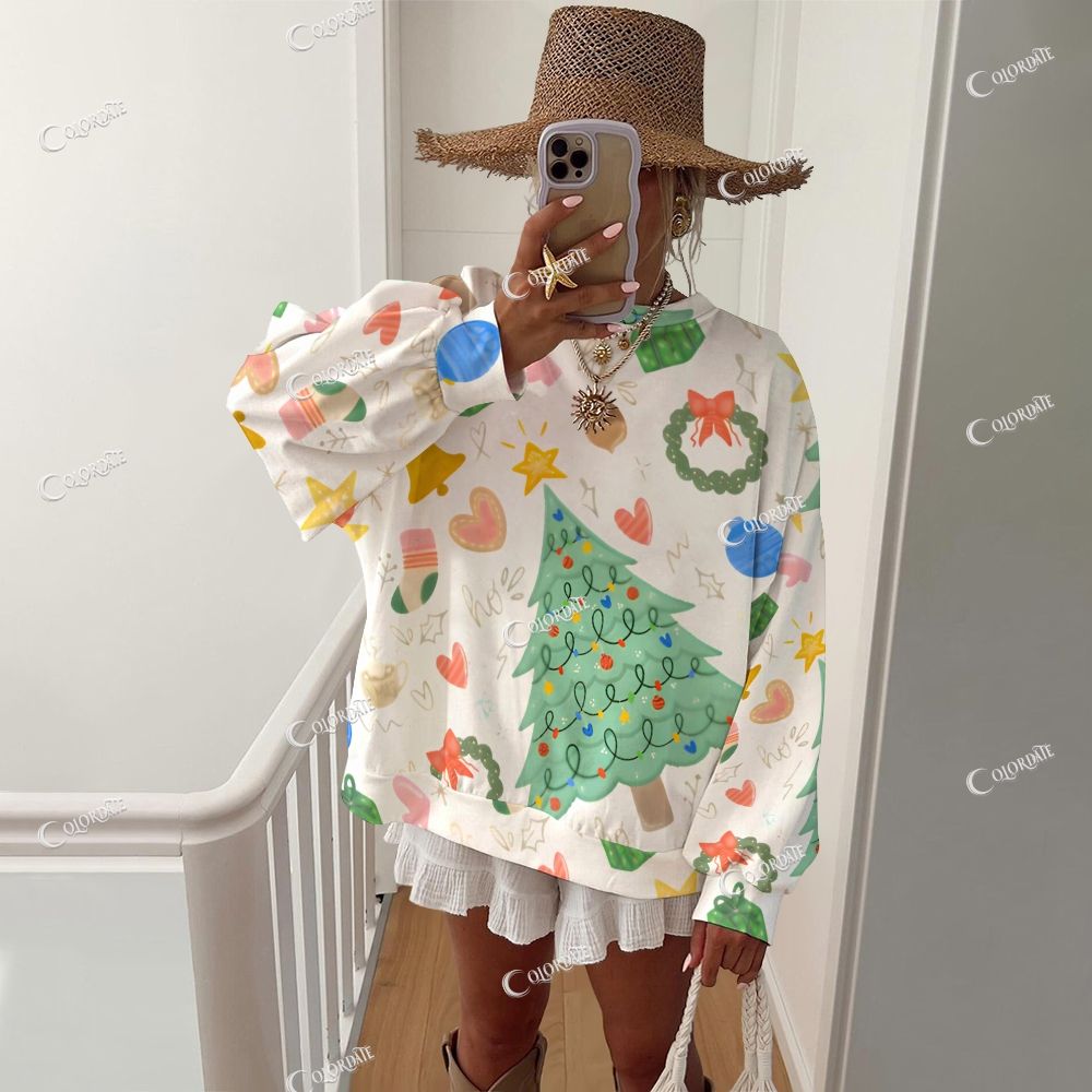 Women's  Christmas Doodle Casual Crew Neck Sweatshirt