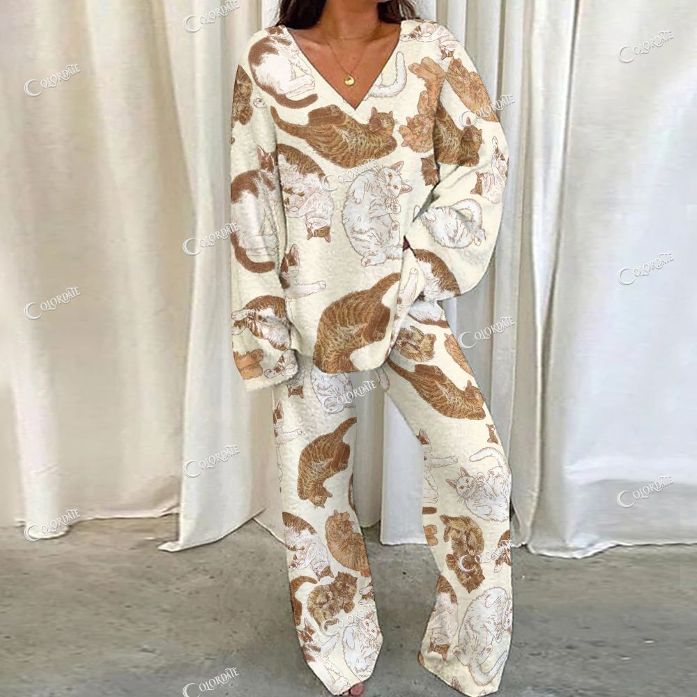 Colordate Cute Cat Print Loungewear Set For Women
