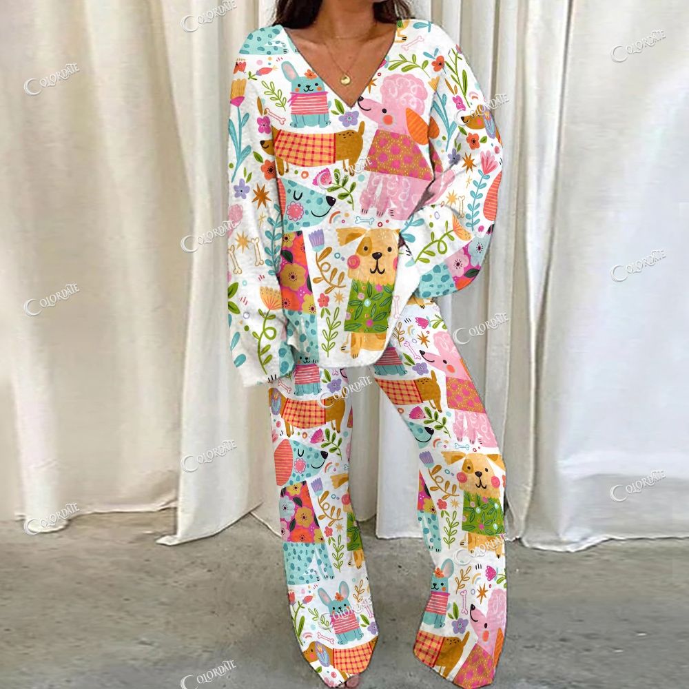 Colordate Cute Dog Print Loungewear Set For Women