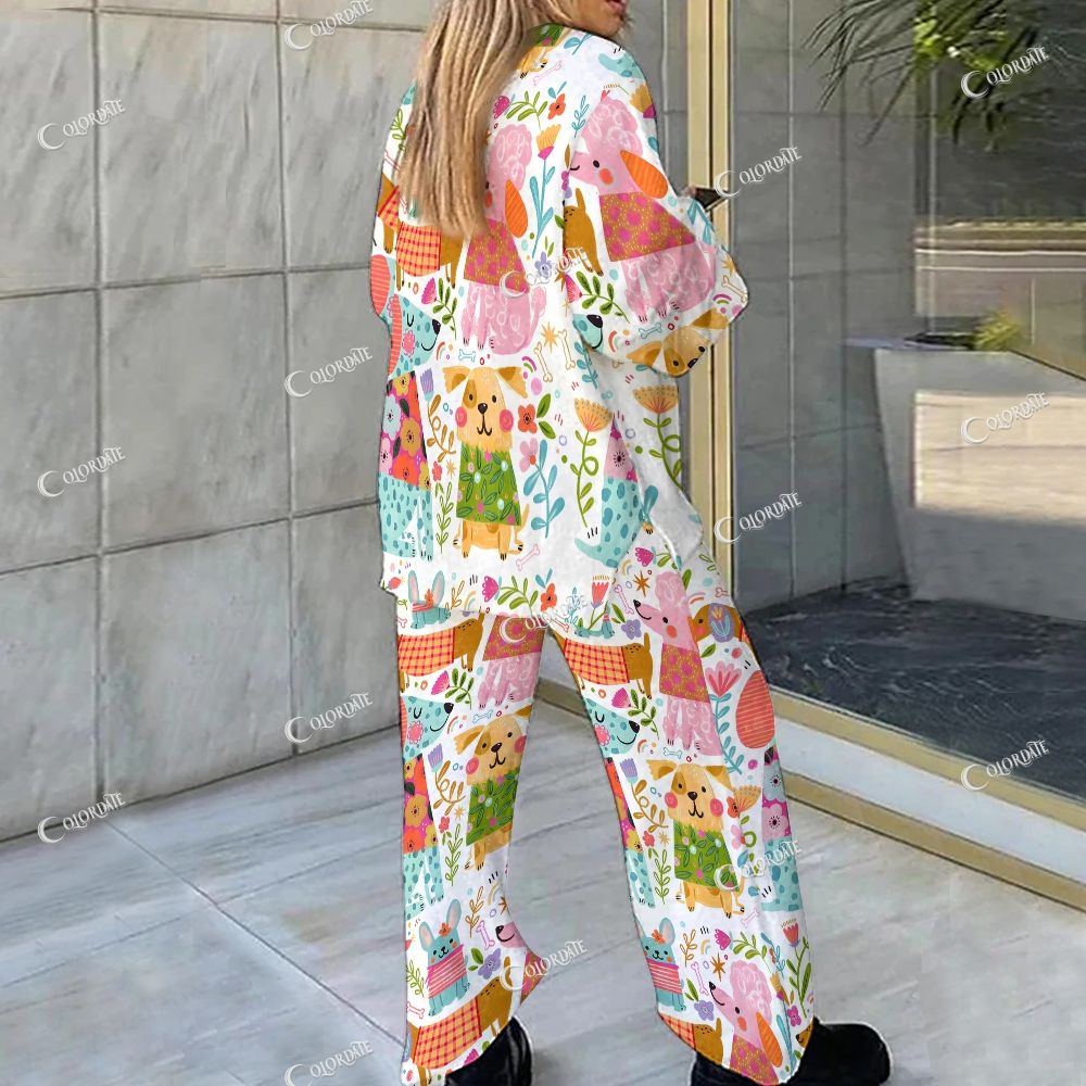 Colordate Cute Dog Print Loungewear Set For Women