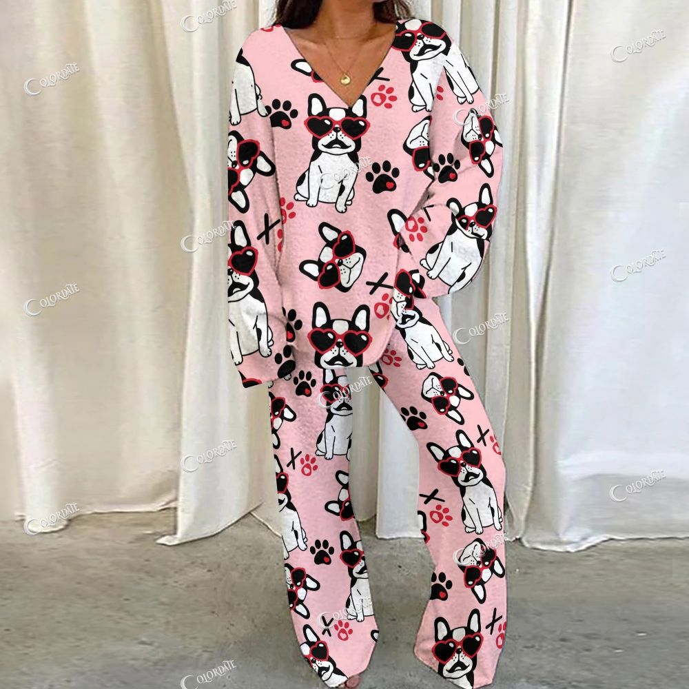 Colordate Cute Dog Print Loungewear Set For Women